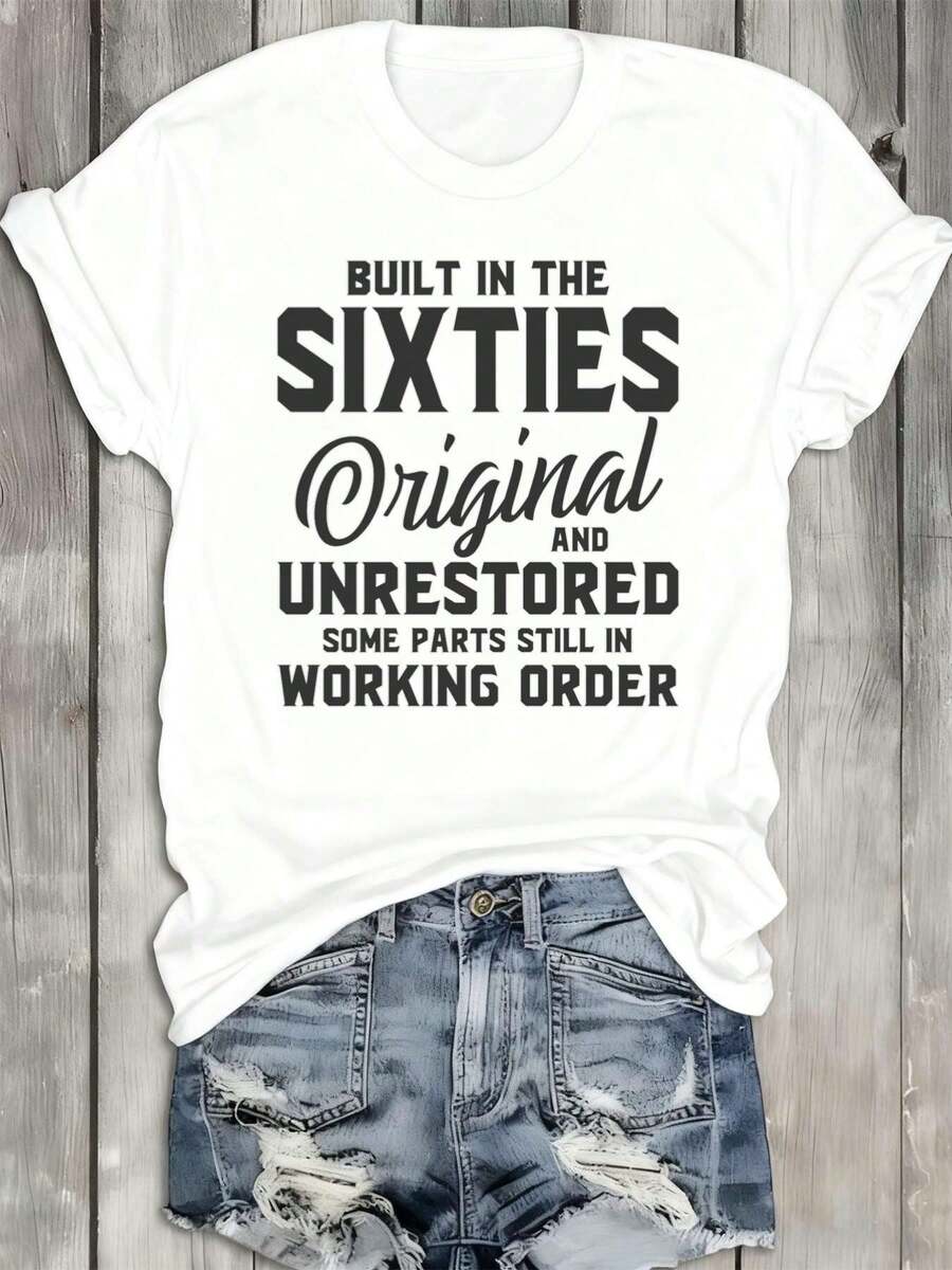 Women's Retro Vintage 1960s T-Shirt - Casual Short Sleeve Crew Neck 100% White T-Shirt With "Built In The Sixties" Slogan And Original Unrestored Design - Soft And Breathable Everyday Summer Clothing, 1960s Music Festival Clothing Inspired By Y2K, Suitable For All Seasons - 白色 - 查看 1