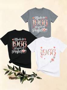 Women's T-Shirts, Women's T-Shirts, Casual One-Piece T-Shirt With 1966 Commemorative Heart Floral Print, Round Neck, Comfortable Top. - 1件黑色隨機圖案 - 查看 1