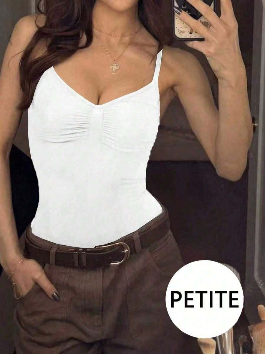 Mono de verano de unicolor minimalista y elegante con pliegues para mujer de talla pequeña - Blanco - Ver 1