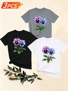 Women's T-Shirts, Women's T-Shirts, Casual One-Piece Printed T-Shirt With Floral Design, Comfortable Top, Women's Clothing, Summer Short Sleeve. - 1件白色隨機圖案 - 查看 6