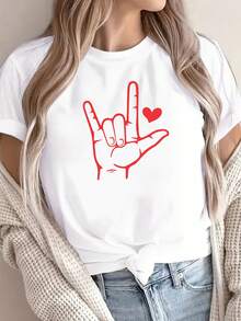 Valentine's Day Heart Print T-Shirt, Short Sleeve And Round Neck, Casual Top For Summer And Spring, Women's Clothing - 白色 - 查看 1
