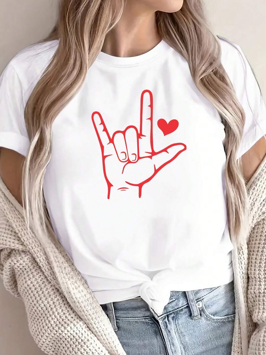 Valentine's Day Heart Print T-Shirt, Short Sleeve And Round Neck, Casual Top For Summer And Spring, Women's Clothing - 白色 - 查看 1