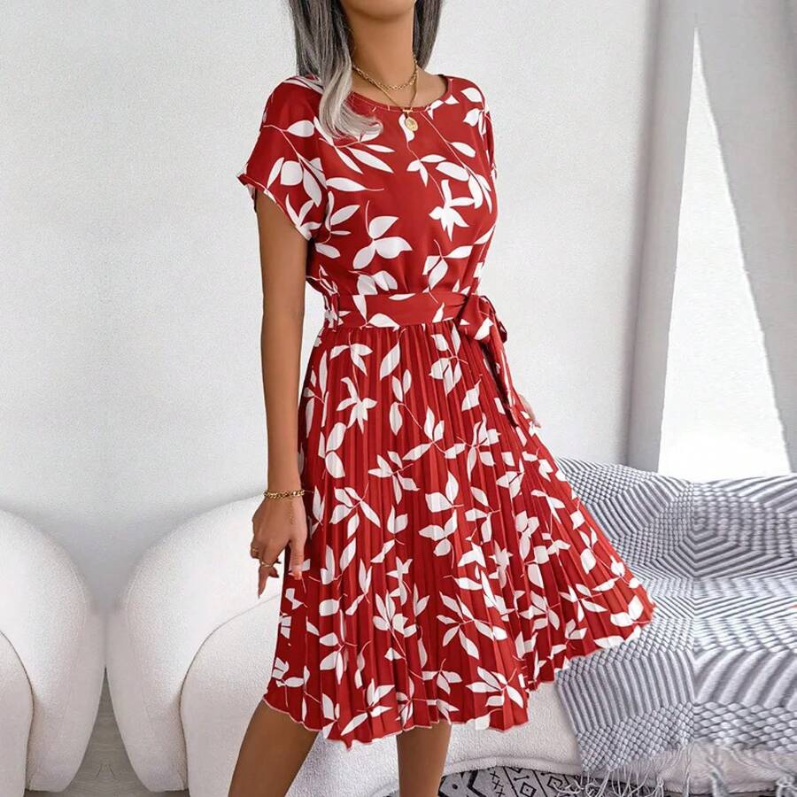 Vestido largo plisado de manga corta para mujer, de cintura alta vestido elegante, moda Floral, línea A, primavera y verano - Verde militar - Ver 1