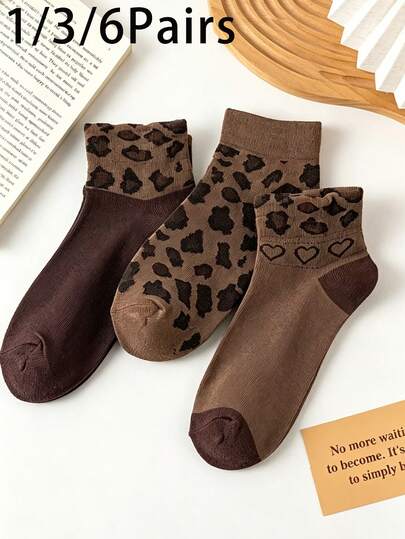 1 Pair/3 Pairs/6 Pairs Women Leopard Print Short Socks, Suitable For Spring, Autumn, Home, Outdoor, Sports, Fashion Versatile, Women Socks, Leopard Print Socks