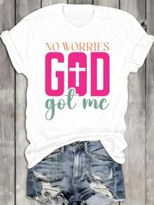 Camisetas sencillas de fe "Dios me tiene" para mujer | 180G 100% blanca, cuello redondo casual, manga corta, corte regular, lavable a m£quina, adecuada para la oficina, citas, salir, moderna, estampada, temporada de verano y primavera, regalos de Halloween - Blanco - Ver 2