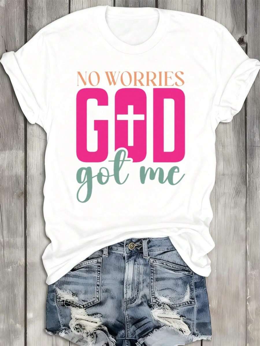 Camisetas sencillas de fe "Dios me tiene" para mujer | 180G 100% blanca, cuello redondo casual, manga corta, corte regular, lavable a m£quina, adecuada para la oficina, citas, salir, moderna, estampada, temporada de verano y primavera, regalos de Halloween