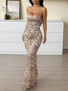 Vestido casual largo para mujer, estampado de leopardo con tirantes de moda sencilla, para uso diario - Albaricoque - Ver 4