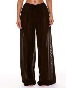 Pantalones anchos con cordón frontal de tiro bajo, prenda de vestir para cubrir en verano, primavera, vacaciones, vacaciones, club sexy, Ibiza, ropa de playa, nanotecnología, techno, otoño, color sólido - Marrón Chocolate - Ver 2