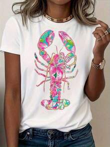 Camiseta Casual de Mujer con Estampado de Langosta - Estampado Costero en Rosa Suave y Turquesa, Corte Holgado, Mangas Cortas, Cuello Redondo, Ligera y Transpirable, Ideal para Fiestas de Playa en Verano, Diseño Vibrante de Langosta, Camiseta Casual de Uso Diario para Mujer, Lavable a Máquina, Opción de Regalo (Nueva Camiseta Elegante), Camiseta Gráfica Casual Encantadora 2026 para Atuendo de Moda Femenina, Ropa de Verano, Camisas para Mujer. - Blanco - Ver 1