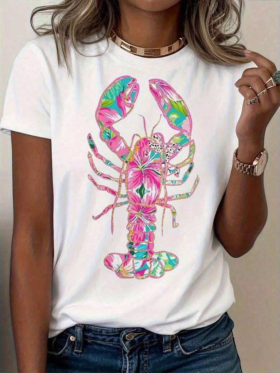 Camiseta Casual de Mujer con Estampado de Langosta - Estampado Costero en Rosa Suave y Turquesa, Corte Holgado, Mangas Cortas, Cuello Redondo, Ligera y Transpirable, Ideal para Fiestas de Playa en Verano, Diseño Vibrante de Langosta, Camiseta Casual de Uso Diario para Mujer, Lavable a Máquina, Opción de Regalo (Nueva Camiseta Elegante), Camiseta Gráfica Casual Encantadora 2026 para Atuendo de Moda Femenina, Ropa de Verano, Camisas para Mujer. - Blanco - Ver 1