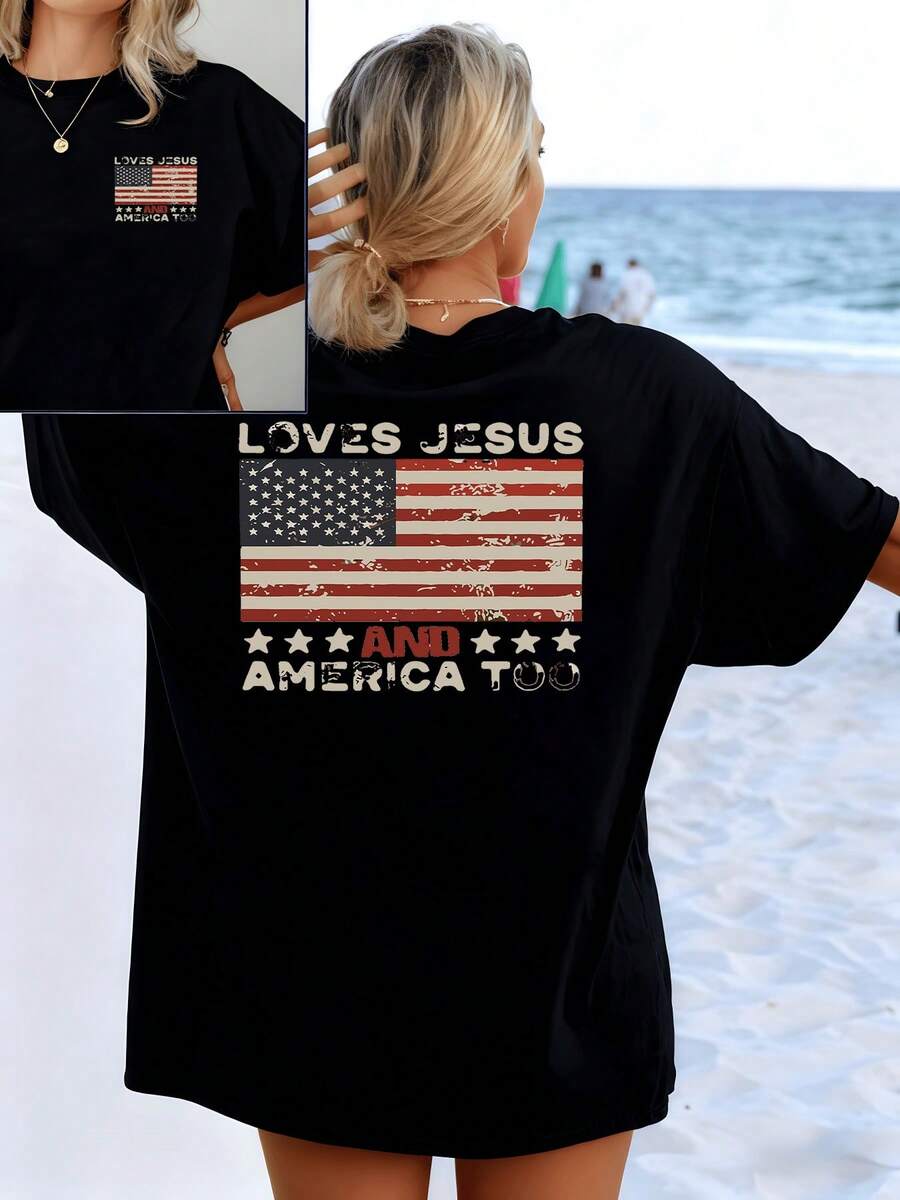 American Flag With Aged Effects Symbolizing National Pride, Faith, And Love Of Freedom With Lettering Celebrating Spiritual And Patriotic Unity. Women's Double-Sided Printed T-Shirt, Casual And Modern. - 黑色 - 查看 1