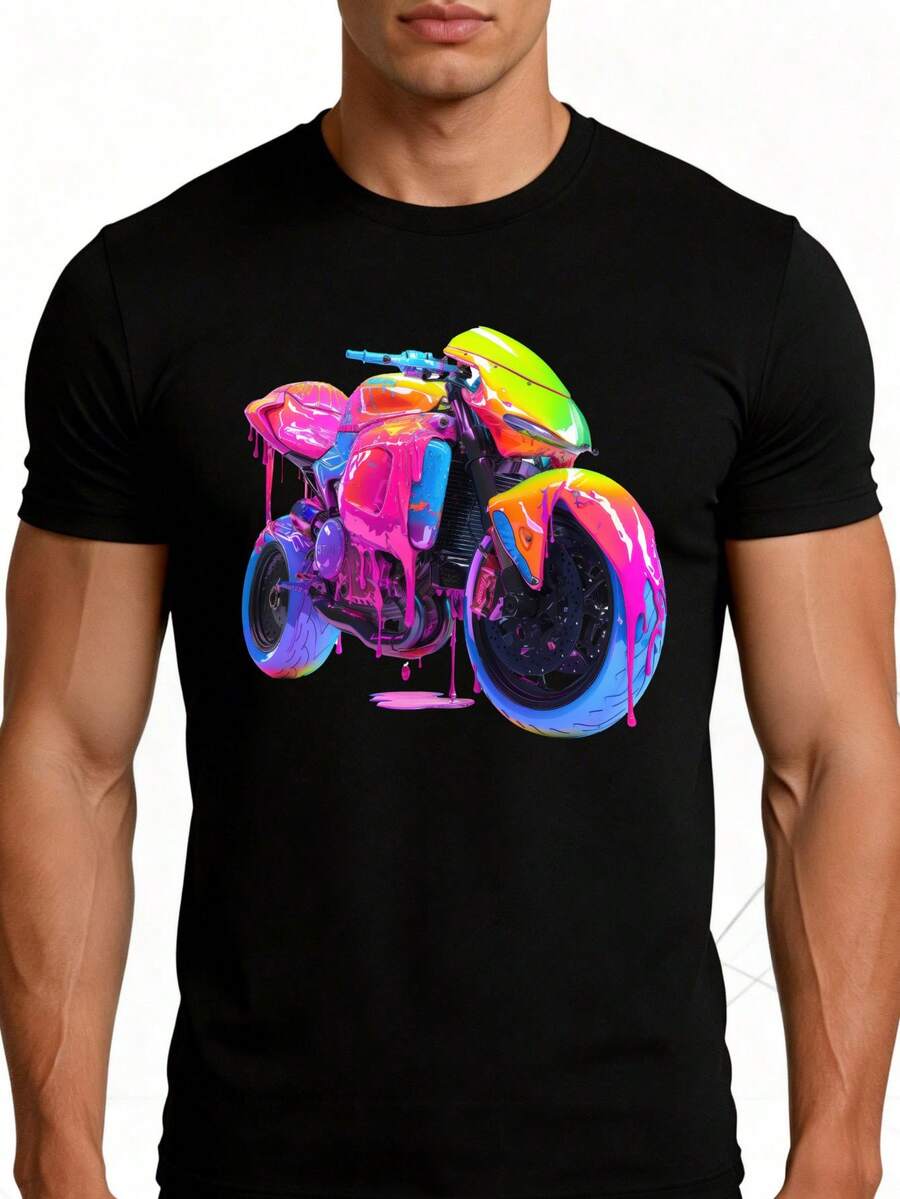 Camiseta Colorida con Diseño de Motocicleta para Hombre, Estilo Urbano, Ropa Casual de Verano, Regalo para Entusiastas de las Motos - Negro - Ver 1