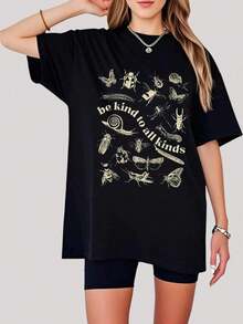 Vintage T-Shirt "Be Kind To All Kinds Bugs Entomology Entomologist", 100% Cotton, Classic Short Sleeve Thick Cotton T-Shirt, Graphic Print T-Shirt, Casual Short Sleeve Top For Women. - 黑 - 查看 8