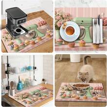 1 pieza Tapete de secado de platos, Tapete para máquina de café, Fondo a rayas rosa con decoración de pastel de color macaron, Patrón floral dulce Tapete absorbente de drenaje, Adecuado para mesa de comedor y cafetería, Almohadilla de drenaje multiusos, Regalo para el hogar, Decoración de escritorio - XYLSD-381 - Ver 11