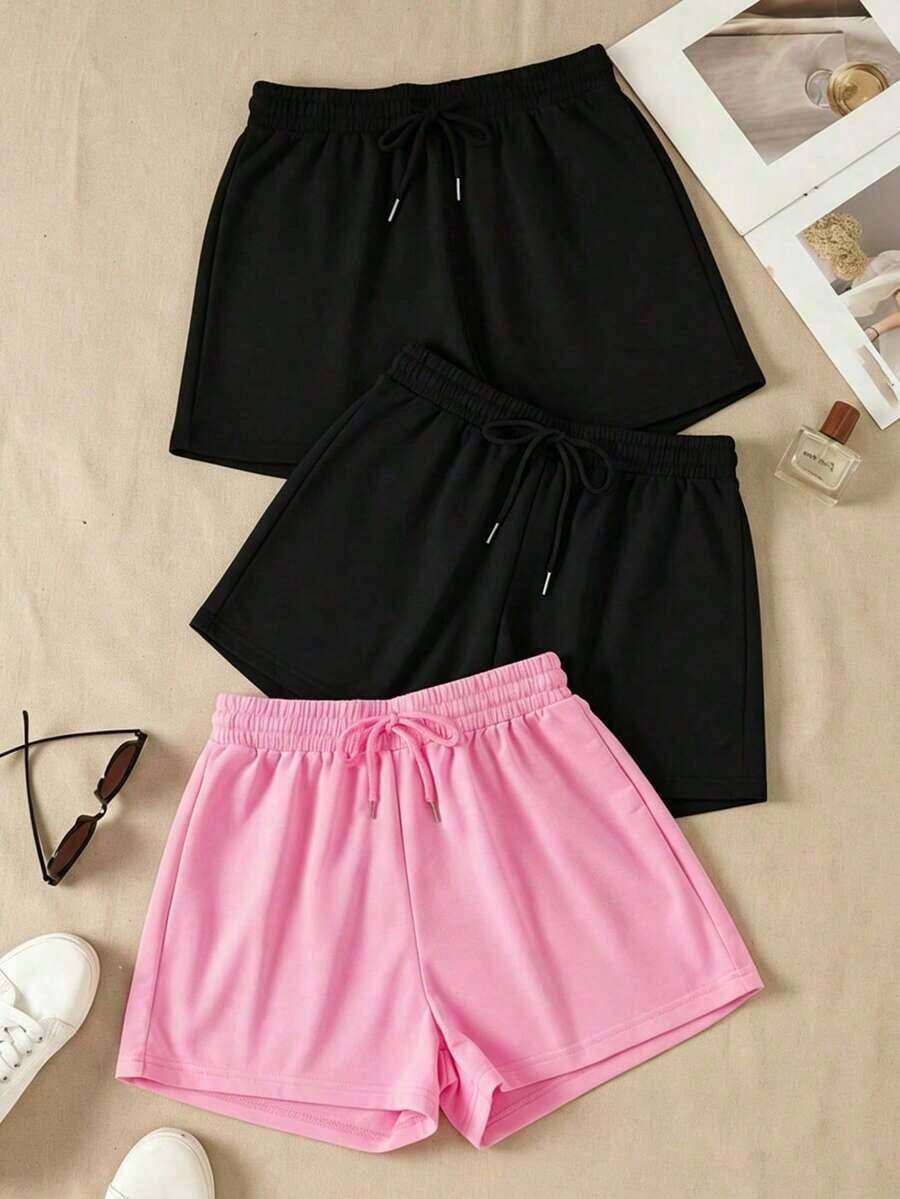 3 piezas Pantalones cortos deportivos casuales de cintura elástica y cordón de unicolor - Multicolor 5 - Ver 1