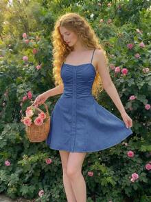 Vestido camisero corto con decoración de botones para mujer, amarillo pálido - Niebla azul - Ver 1