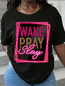Women's Neon Pink Leopard Print T-Shirt "Wake Pray Slay", Fashion Top, Casual Wear, Motivational T-Shirt, Summer Outfit - 黑色 - 查看 6