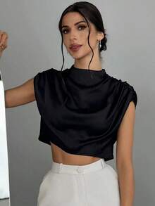Blusa de mujer con cuello mao de unicolor y pliegues, informal y elegante, manga de murciélago fruncida, ajuste regular, top casual de uso diario para primavera/verano - Negro 2 - Ver 1
