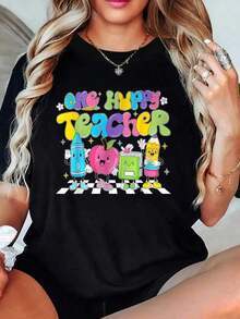 100% Cotton Women's Cotton T-Shirt, Fun, With Bunny And Easter Egg Print, For Easter Day - Black - View 6