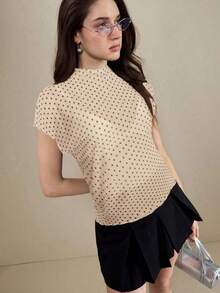 amiseta de mujer con cuello Mao, manga de murciélago y estampado de lunares transparente.Versátil para el verano, elegante para el transporte urbano, estilo académico vintage, ocasión formal de oficina Y2K, transporte urbano el - Albaricoque - Ver 4