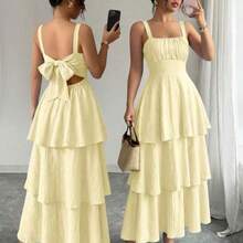 Elenzya Women's Elegant Sleeveless Layered Ruffle Dress, Textured Fabric, Suitable For Beach Dates, Spring/Summer - Amarillo claro - Ver 1