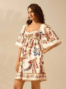 Vestido corto casual de vacaciones vintage con estampado floral tropical bohemio para mujer - Multicolor - Ver 5