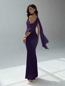 xheAloruh Vestido de mujer de unicolor con hombros asimétricosxhe - Morado - Ver 6