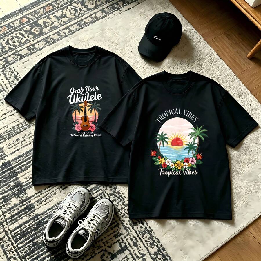 2-Piece Couple Matching Pattern T-Shirt, 100% Cotton, Loose Fit, Soft And Breathable, Casual Round Neck Short Sleeved Top Wild Ride Speed Power Inspiration Motivation Growth Versatile Patterns No Picky Combinations Coordinated Dating Casual Travel Simple And Cartoonish Printing Styles High - 黑色 - 查看 1