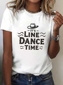 ComfortableCamiseta Gráfica para Mujer "It's Line Dance Time" - Manga Corta, Cuello Redondo, Estilo Casual con Estampado Geométrico, Elasticidad Media y Lavable a Máquina, Comodidad para Tod - Blanco - Ver 8