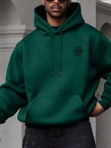 Men's Hoodie, Compass And Wings Print, Loose Fit, With Adjustable Drawstring, Autumn/Winter - 綠色 - 查看 2