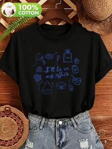 Camiseta de Mujer 100% Algodón con Estampado Divertido de Temática de Repostería "Estaré en mi oficina" - Estilo Casual para Primavera/Verano, Ideal para el Día a Día, Ropa de Mujer con Estilo Lindo y Energético, Diseño Versátil y Moderno, Cuello Redondo Simple, Cómoda, Transpirable, Manga Corta - Estilo Urbano Vintage, Unisex, Holgada, de Algodón, Manga Corta, Cuello Redondo, blusas para mujer. blusas.blusas casuales para dama. - Negro - Ver 6
