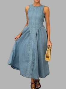 Vestido primavera mujer cuello redondo liso espalda descubierta elegante estilo trabajo europeo - Azul - Ver 10