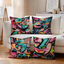 Set de 4 fundas de cojín con estampado abstracto de graffiti, impresas por un solo lado, adecuadas para la sala de estar, el dormitorio, la decoración del hogar, todo el año - Multicolor - Ver 7