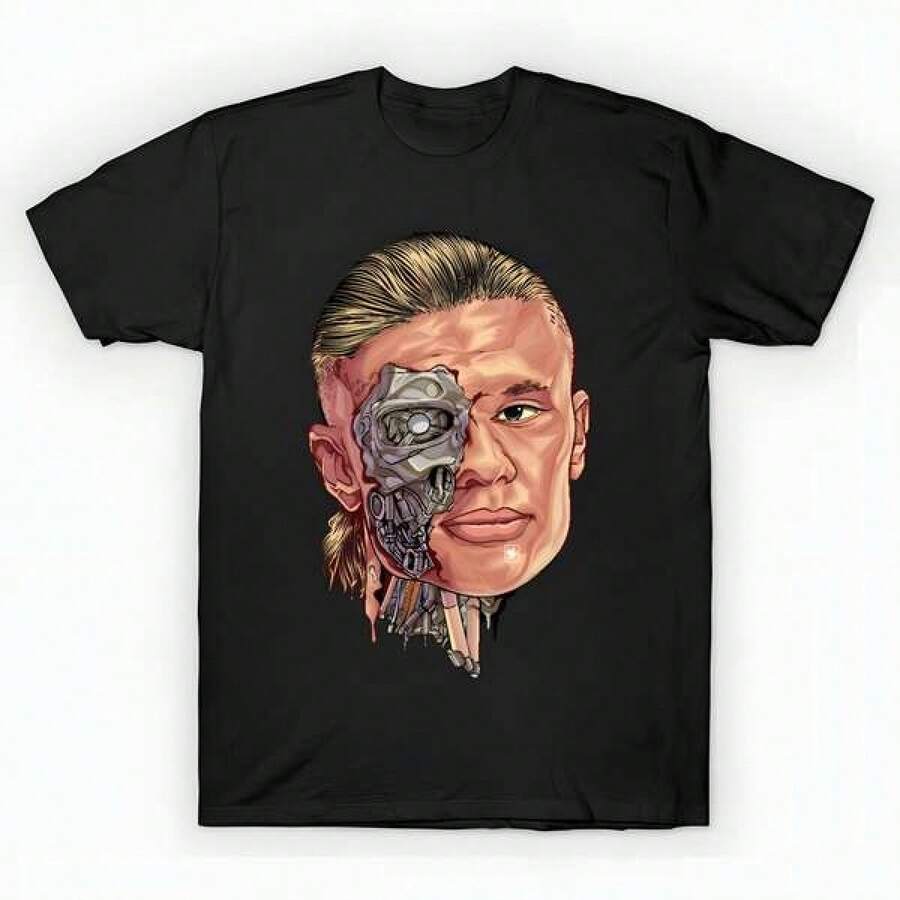 Erling haaland Cyborg art Design T-Shirt Hoodie Stickers T-Shirt unisex de la de algodón puro de alta densidad de 220 g. C-AmiS-eta uniS-ex 100 % aL-Godón de - Tejido de alta densidad. Apta para todo tipo de perS-onas, ya sean mujeres o hombres. Tejido duradero de alta C-Alidad apto para todas las estaciones, suave al tacto pero duradero. Tops transpirables. Conjuntos de otoño para mujer. Conjuntos de vaC-Aciones para mujer. Disfraz de Halloween para mujer. - Negro - Ver 1