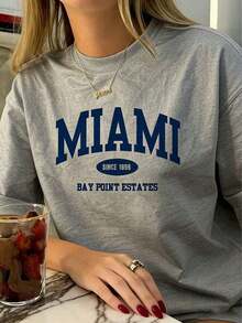 Fashion Clothing: Women's Casual Short Sleeve T-Shirt - Miami Oval Emblem Design, White And Navy Letter Print, Medium Elastic Crew Neck, Suitable For Spring, Summer And Autumn, Machine Washable, Loose Fit, Bold Pattern, Soft Texture Fashion T-Shirt. Classic Crew Neck, Short Sleeve, Solid Basic Style. - 灰色 - 查看 5
