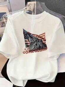 Camiseta con Estampado de la Estatua de la Libertad y Bandera USA,Camiseta de manga corta de moda para primavera y verano de 2026, hecha en México, 180 gramos. Estampado de dibujos animados, modelo de pareja, apta para uso interior o exterior. Cuello redondo, unisex, ideal para oficina y ocio. Paquete de una pieza. - WH-P631577SLNDXZGY482 - Ver 2