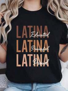 Proud Latina, Powerful Latina, Latina Power, Latina T-Shirt, Printed Crew Neck Summer T-Shirt, Soft Short Sleeve Top For Women, Stylish And Comfortable T-Shirt For Women, Printed T-Shirts - 黑色 - 查看 2