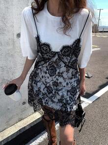 Vestido de mujer con parches de encaje sin mangas 2 en 1 con mangas cortas, vestidos de verano para mujeres - Blanco y Negro 2 - Ver 3