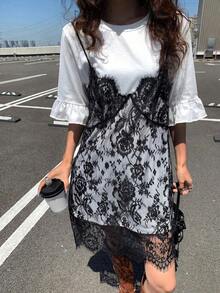 Vestido de mujer con parches de encaje sin mangas 2 en 1 con mangas cortas, vestidos de verano para mujeres - Blanco - Ver 2