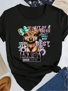Cute Cartoon Cow Print Casual T-Shirt, Fashionable Short Sleeve Crew Neck Sports T-Shirt, Comfortable Women's Top - 黑色 - 查看 1