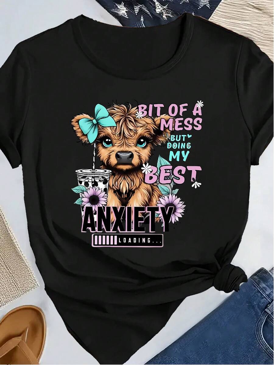 Cute Cartoon Cow Print Casual T-Shirt, Fashionable Short Sleeve Crew Neck Sports T-Shirt, Comfortable Women's Top - 黑色 - 查看 1