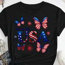 Round Neck T-Shirt 100% "Patriotic 4th Of July USA T-Shirt For Women - Stars & Stripes Butterfly Print, Casual Summer Tee, Festive Independence Day Outfit" Short Sleeve Tee Fashion Casual Top For Summer &Spring Women'S Clothing Mother'S Day - 黑色 - 查看 1