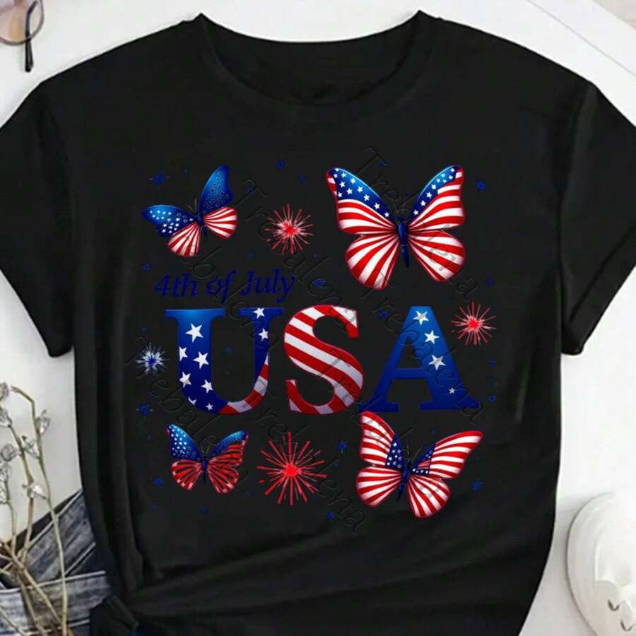 Round Neck T-Shirt 100% "Patriotic 4th Of July USA T-Shirt For Women - Stars & Stripes Butterfly Print, Casual Summer Tee, Festive Independence Day Outfit" Short Sleeve Tee Fashion Casual Top For Summer &Spring Women'S Clothing Mother'S Day - 黑色 - 查看 1
