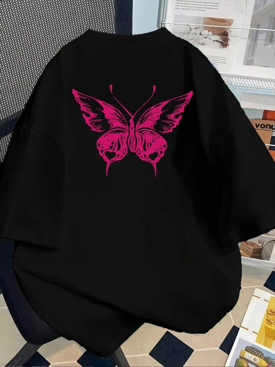 Camiseta casual de manga corta y cuello redondo con estampado de mariposa rosa, perfecta para primavera y verano, diseñada para mujer
