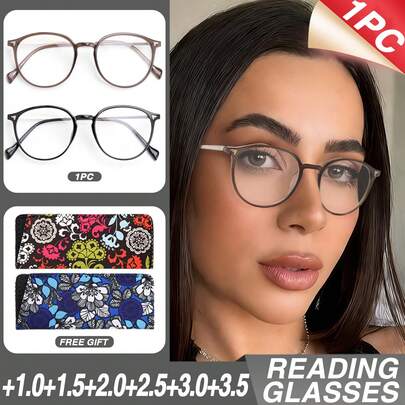 1 st. överdimensionerade ovala läsglasögon, minimalistiska enfärgade bågar med högkvalitativa metallskamrar, unisex dagliga läsglasögon med skyddande glasögonfodral
