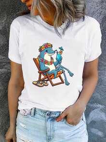 Women's Short-Sleeved Crew Neck T-Shirt, Casual, Made Of Pure Cotton, Ideal For Summer Vacation, Machine Washable, New Women's Clothing, Versatile For Going Out, Sporty Style. ZFB9 - 白色_04 - 查看 6