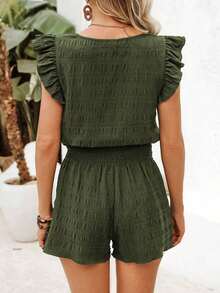 Conjunto de dos piezas para mujeres de vacaciones de verano con top de manga corta con cuello cuadrado y shorts de unicolor - Verde militar - Ver 2