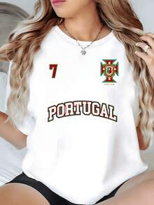 Emblem Of The Flag And Coat Of Arms Of Portugal With Central Star And Number 7 Symbolizing Football Passion And National Pride. Comfortable Casual Women's T-Shirt For Summer - 白色 - 查看 8