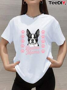 Women's Mama Dog Love Graphic T-Shirt With Terrier Design - French Bulldog And Pink Paw Print, Casual Crew Neck, Short Sleeve, Comfortable Fit For All Seasons, For Pet Lovers, Terrier Owners And Dog Moms, Geometric Design, Relaxed Fit, Easy Care, Fun Mama Design With Paw Prints, Comfortable And Stylish For Casual Outfits, Dog Mom Clothes, Breathable Material, Durable Construction, Pet Themed Clothing, Dog Owners - 白色 - 查看 6