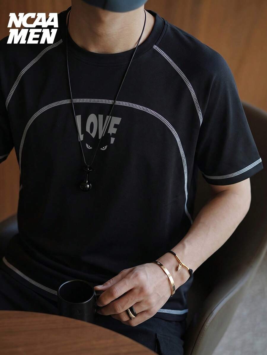 男士春季字母印花T恤上衣,无袖背心短袖,情侣款,春夏秋季 - 黑色 - 查看 1